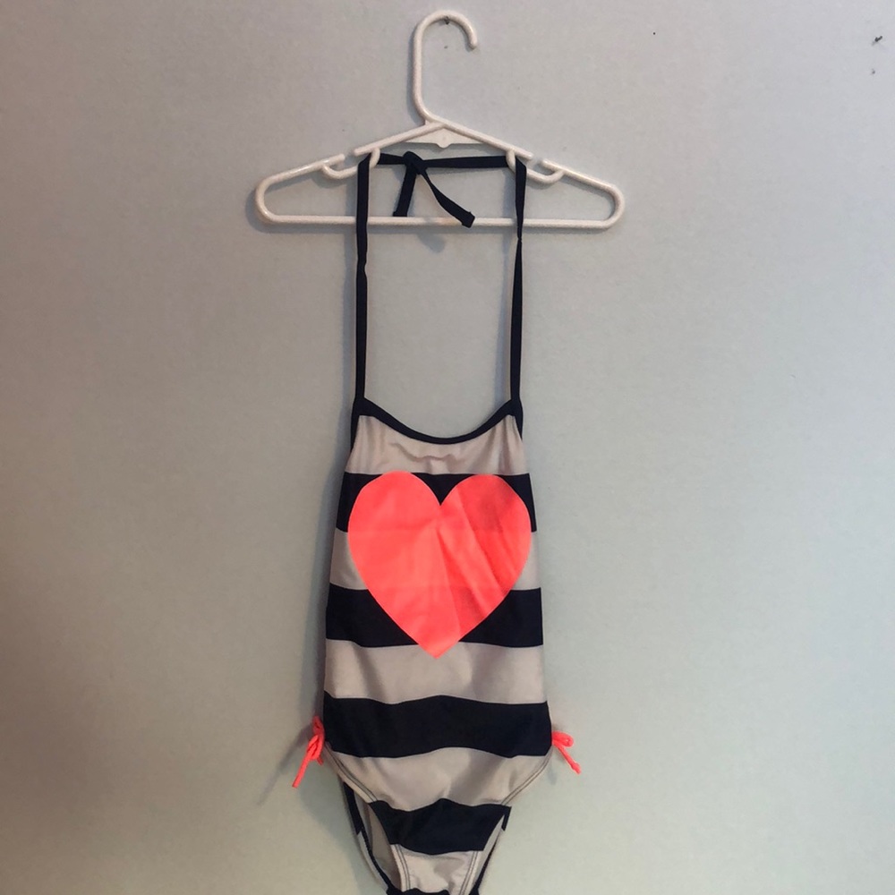 Kids one piece bathing suit. Navy, pink and white.
